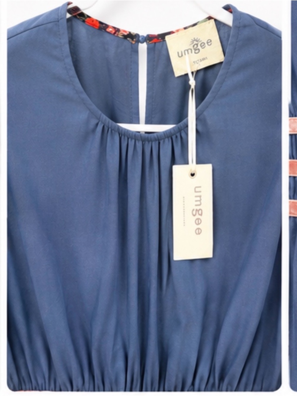 Umgee Sample Boutique Midi Dress Navy Blue Velvet Trim 3/4 Puff Sleeve - Picture 3 of 7